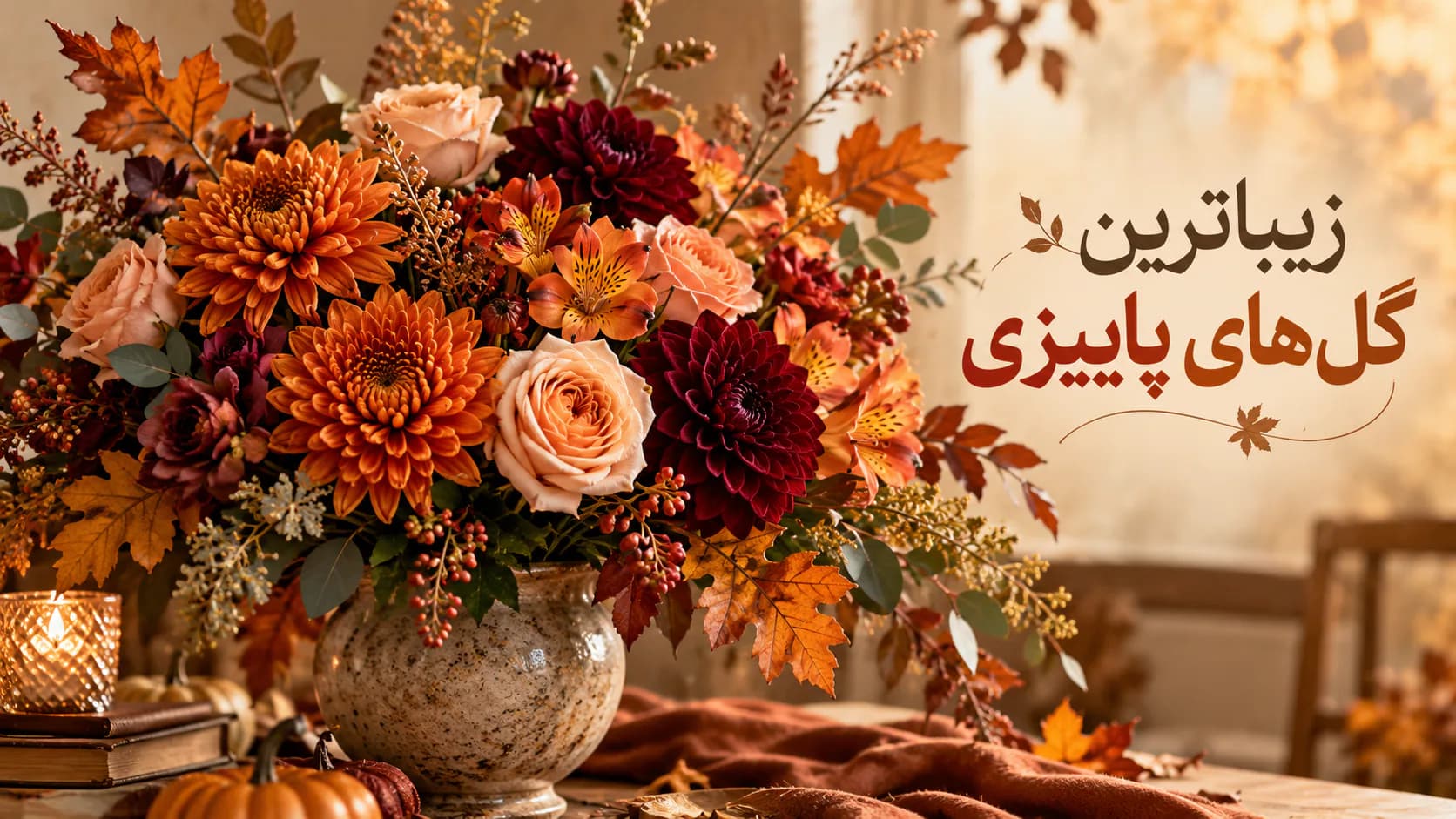دسته گل پاییزی شیک با رز نارنجی، داوودی و گلهای فصلی برای خرید از جان فلاور