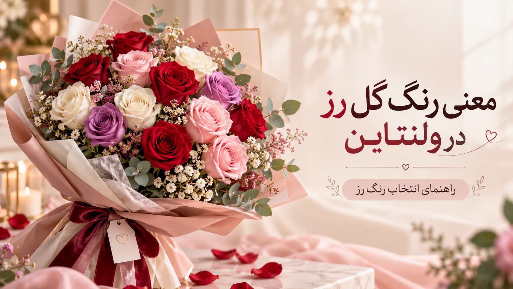 معنی رنگ گل رز در ولنتاین؛ قرمز، صورتی، سفید و بنفش - جان فلاور